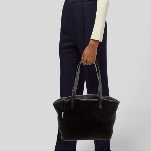 Neiman Marcus Faux Shearling Reversible Vegan Leather Black Tote Bag Luxury - Picture 4 of 15